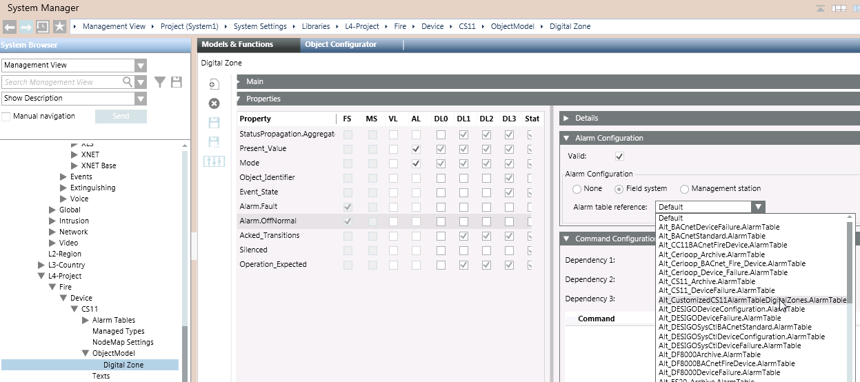 A new Alarm Table in the Customized CS11 Object Model