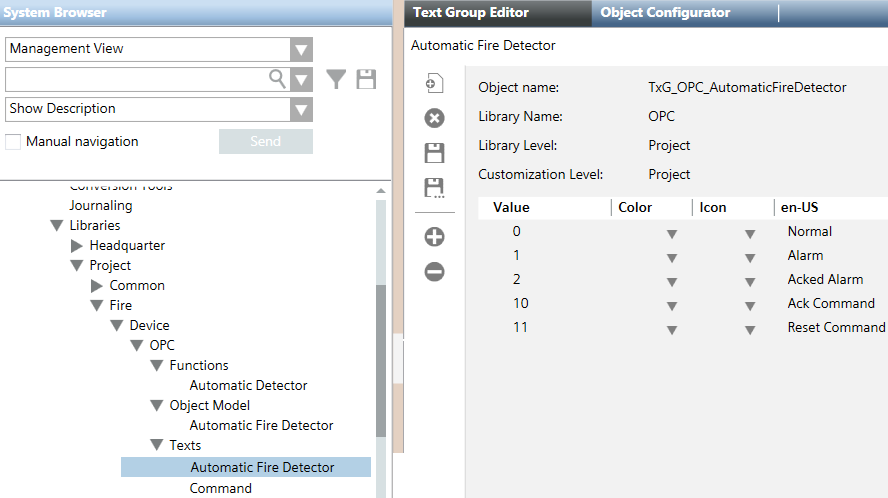 Text Group Configuration With Output and Input Values of the OPC Server